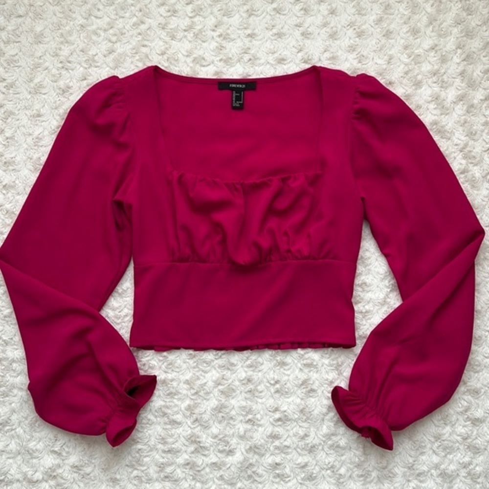 Forever 21 Magenta Blouse Square Neck Peasant Sleeve Wrist Ruffle Detail